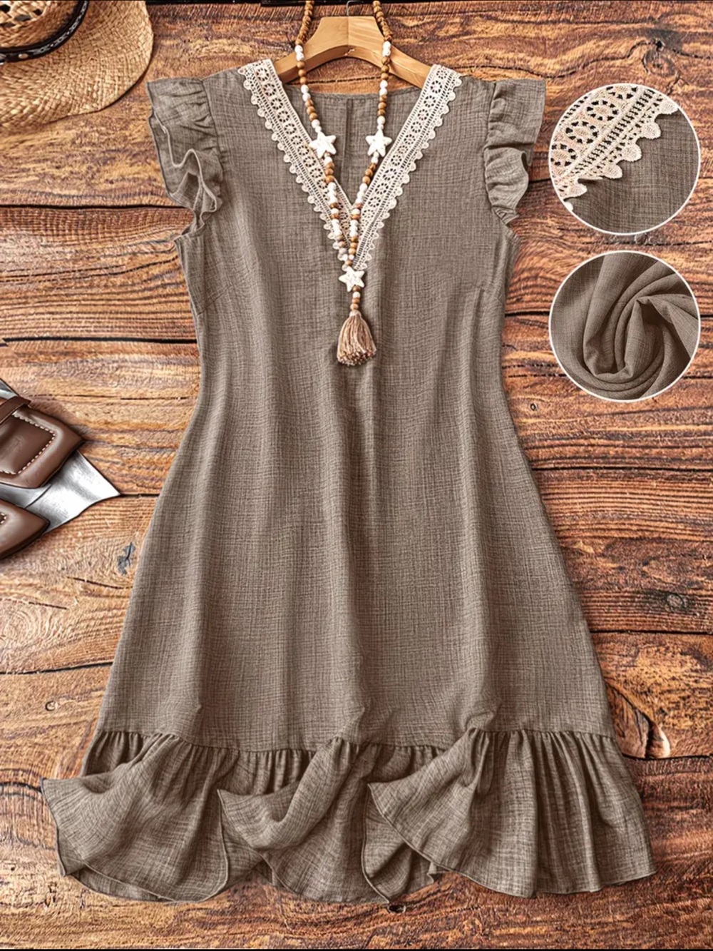 Boho Ruffle V-Neck Dress - Taupe